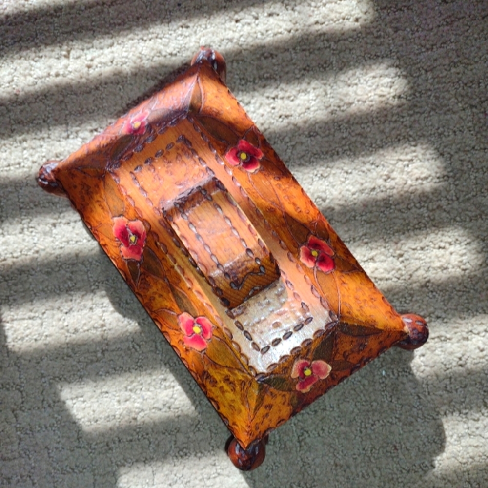 Intricately Carved, Stained, Flower, Jewelry Box